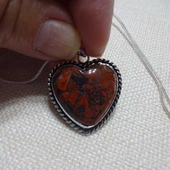 Natural POPPY JASPER Heart Handmade Sterling Pendant/Chain #855B - Picture 3 of 3